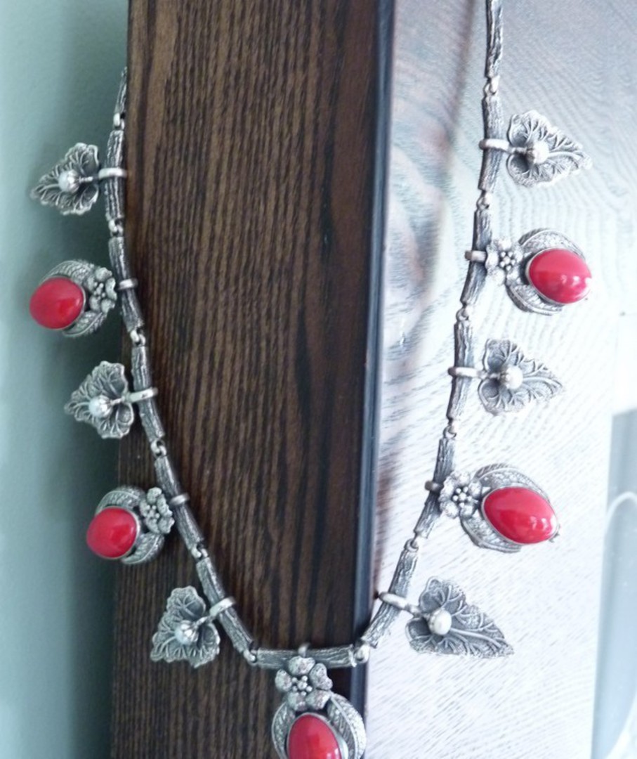 Designer, one off, sterling silver necklace with pearls and red beads image 4